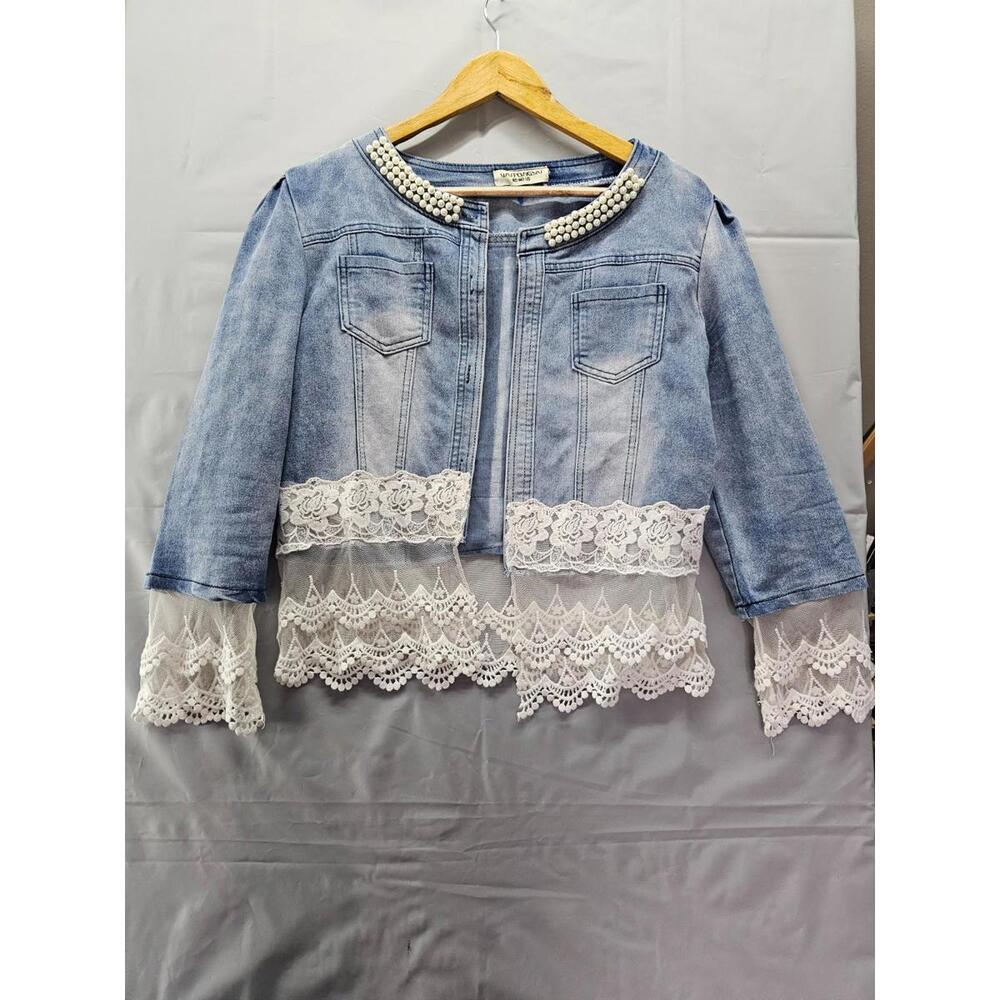 Wutongyu Cropped Denim Jacket Lace Trim Pearl Collar Womens Small